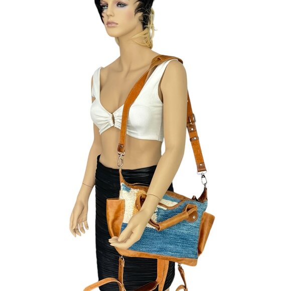 SUNDAY ISLE Multicolor Wool & Brown Leather Women's Satchel Shoulder Backpack - Picture 11 of 12